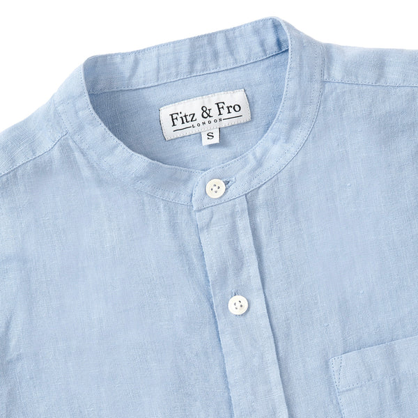 100% Linen Collarless Shirt - Cool Blue