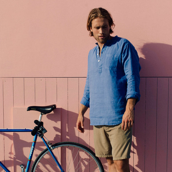100% Linen Popover Shirt - 'The Miles' Blue