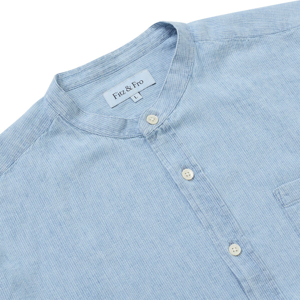 Denim/Linen Collarless Shirt - Blue Stripe