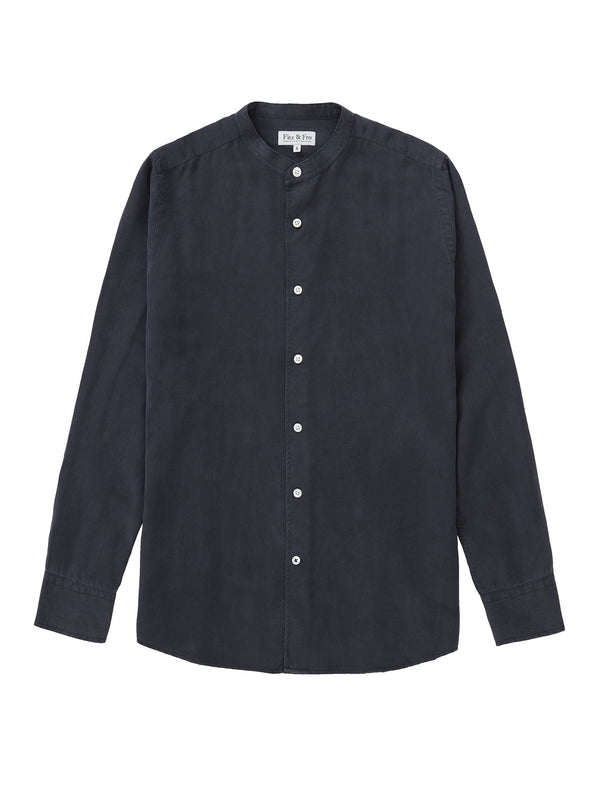 Tencel Collarless Shirt - Navy Blue