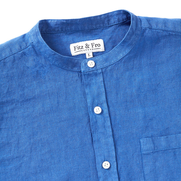 100% Linen Collarless Shirt - ‘The Miles’ Blue