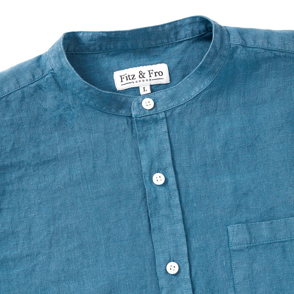 100% Linen Popover Shirt - Teal Blue