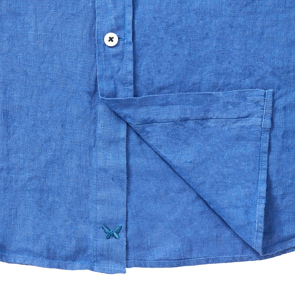 100% Linen Collarless Shirt - ‘The Miles’ Blue