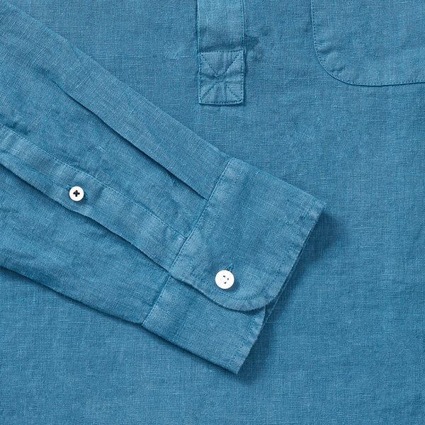 100% Linen Popover Shirt - Teal Blue