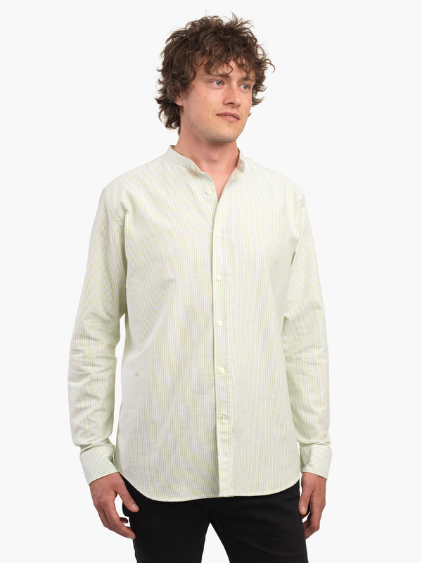 Men's Green & White Oxford Cotton Collarless Shirt
