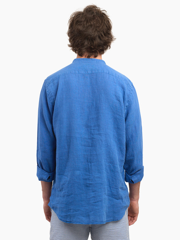 100% Linen Collarless Shirt - ‘The Miles’ Blue