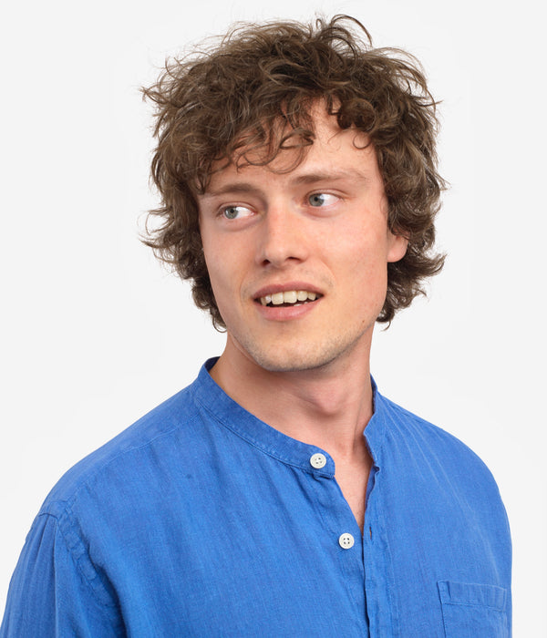 100% Linen Collarless Shirt - ‘The Miles’ Blue