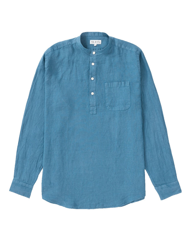 100% Linen Popover Shirt - Teal Blue