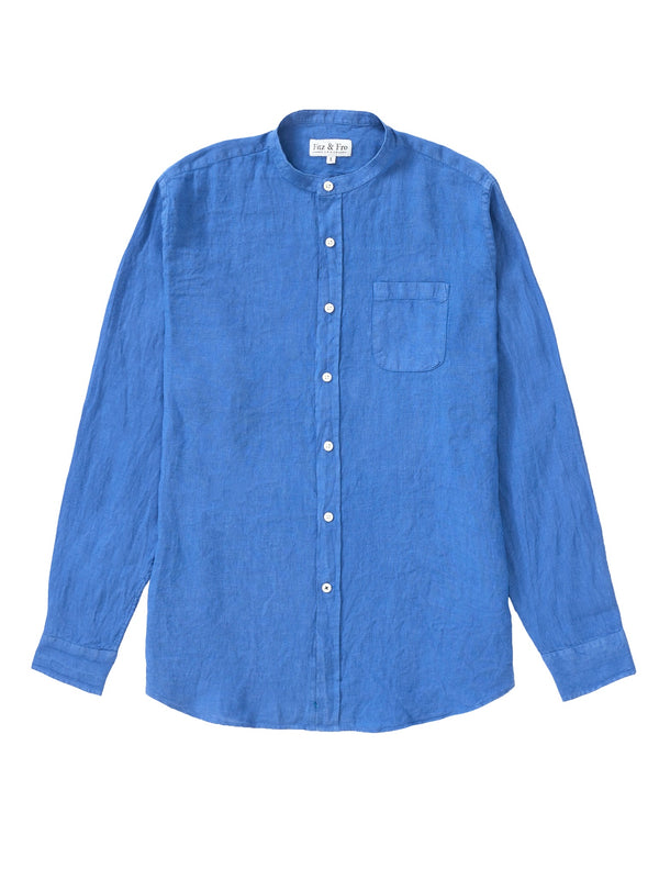 100% Linen Collarless Shirt - ‘The Miles’ Blue