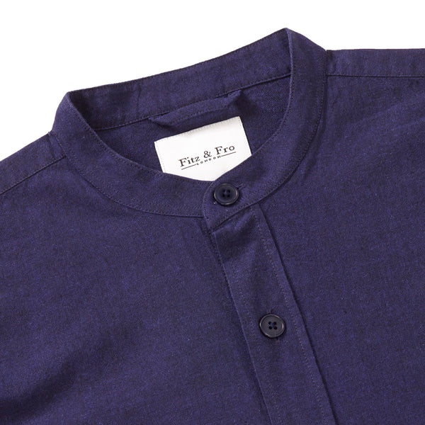Cotton Collarless Overshirt - Dark Blue