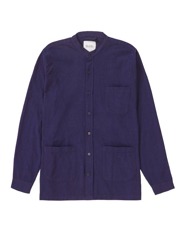 Cotton Collarless Overshirt - Dark Blue