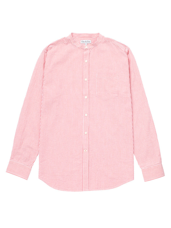 Seersucker Collarless Shirt - Red/White Stripe